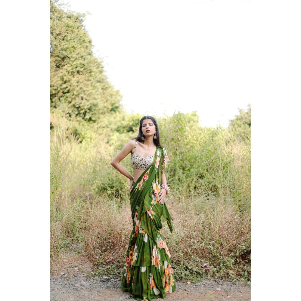 FORAM PATEL Green Floral Printed Rufflepre-Draped Saree with Stitched Blouse