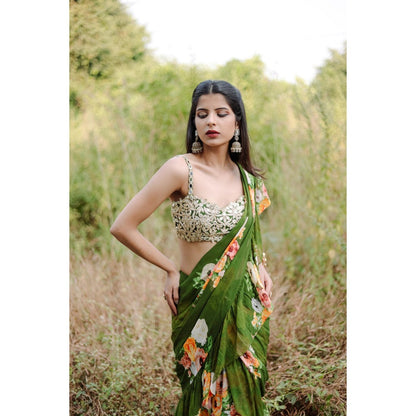 FORAM PATEL Green Floral Printed Rufflepre-Draped Saree with Stitched Blouse