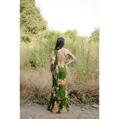 FORAM PATEL Green Floral Printed Rufflepre-Draped Saree with Stitched Blouse
