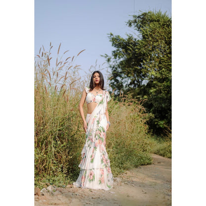 FORAM PATEL White Floral Printed Pre-Draped Ruffle Saree with Stitched Blouse