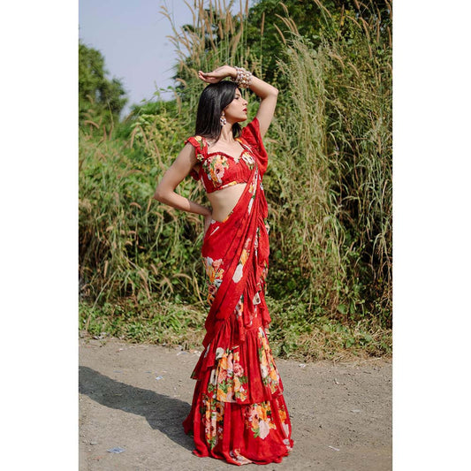 FORAM PATEL Red Floral Printed Pre-Draped Ruffle Saree with Stitched Blouse