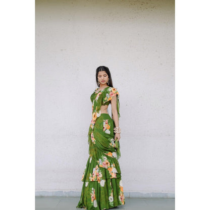FORAM PATEL Green Floral Printed Pre-Draped Ruffle Saree with Stitched Blouse