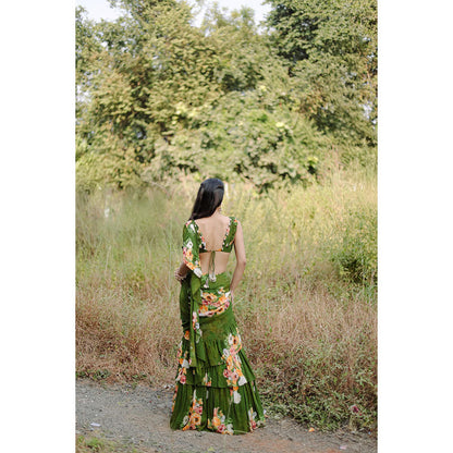 FORAM PATEL Green Floral Printed Pre-Draped Ruffle Saree with Stitched Blouse