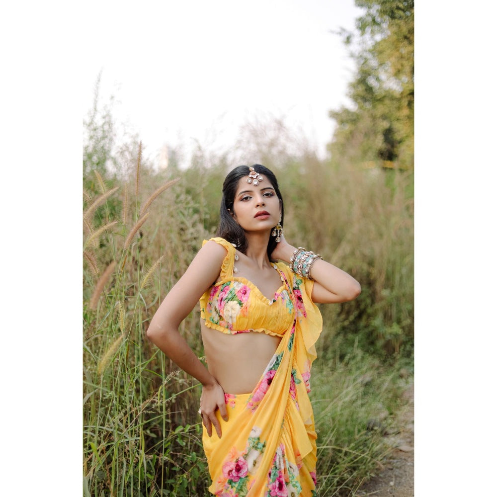 FORAM PATEL Yellow Floral Printed Pre-Draped Ruffle Saree with Stitched Blouse
