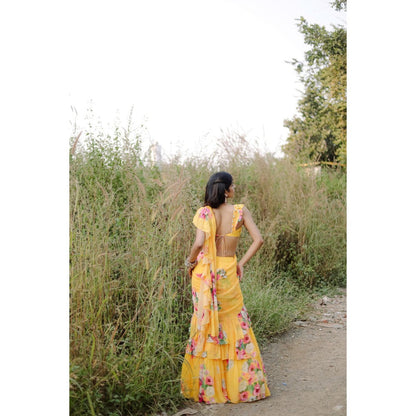 FORAM PATEL Yellow Floral Printed Pre-Draped Ruffle Saree with Stitched Blouse