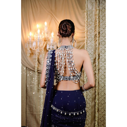 FORAM PATEL Navy Blue Embroidered Mumtaz Saree with Stitched Blouse