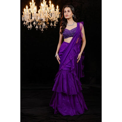 FORAM PATEL Purple Solid Ruffle Pre-Draped Saree with Mirror Work Stitched Blouse