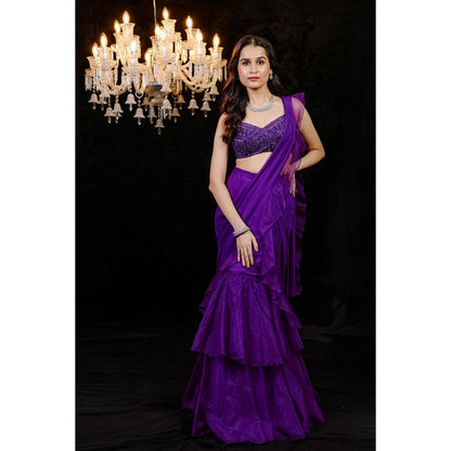 FORAM PATEL Purple Solid Ruffle Pre-Draped Saree with Mirror Work Stitched Blouse