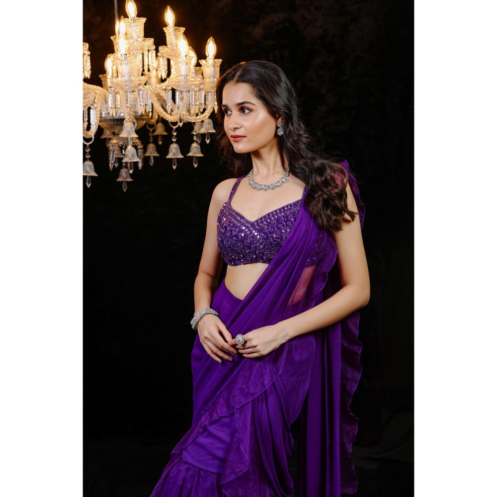 FORAM PATEL Purple Solid Ruffle Pre-Draped Saree with Mirror Work Stitched Blouse