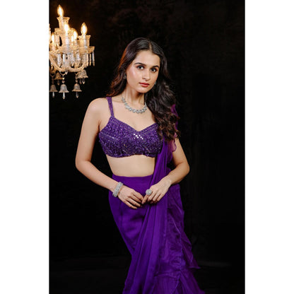 FORAM PATEL Purple Solid Ruffle Pre-Draped Saree with Mirror Work Stitched Blouse