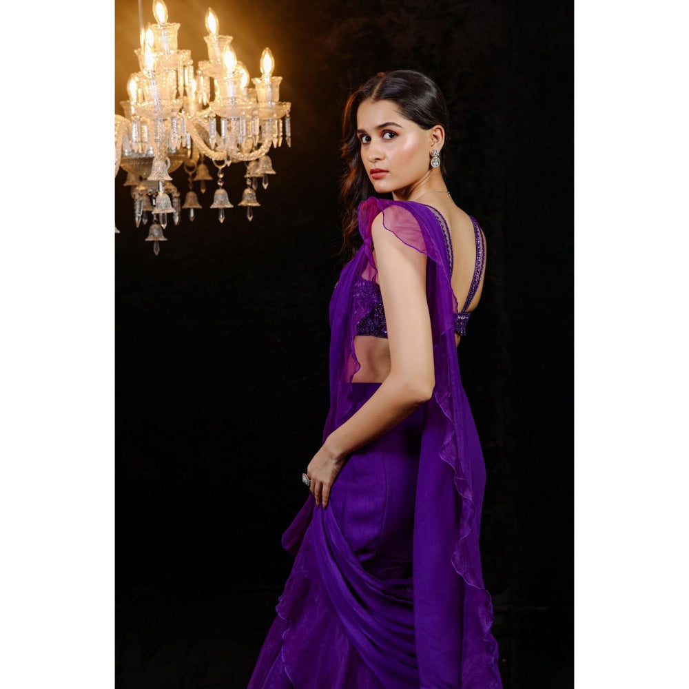 FORAM PATEL Purple Solid Ruffle Pre-Draped Saree with Mirror Work Stitched Blouse