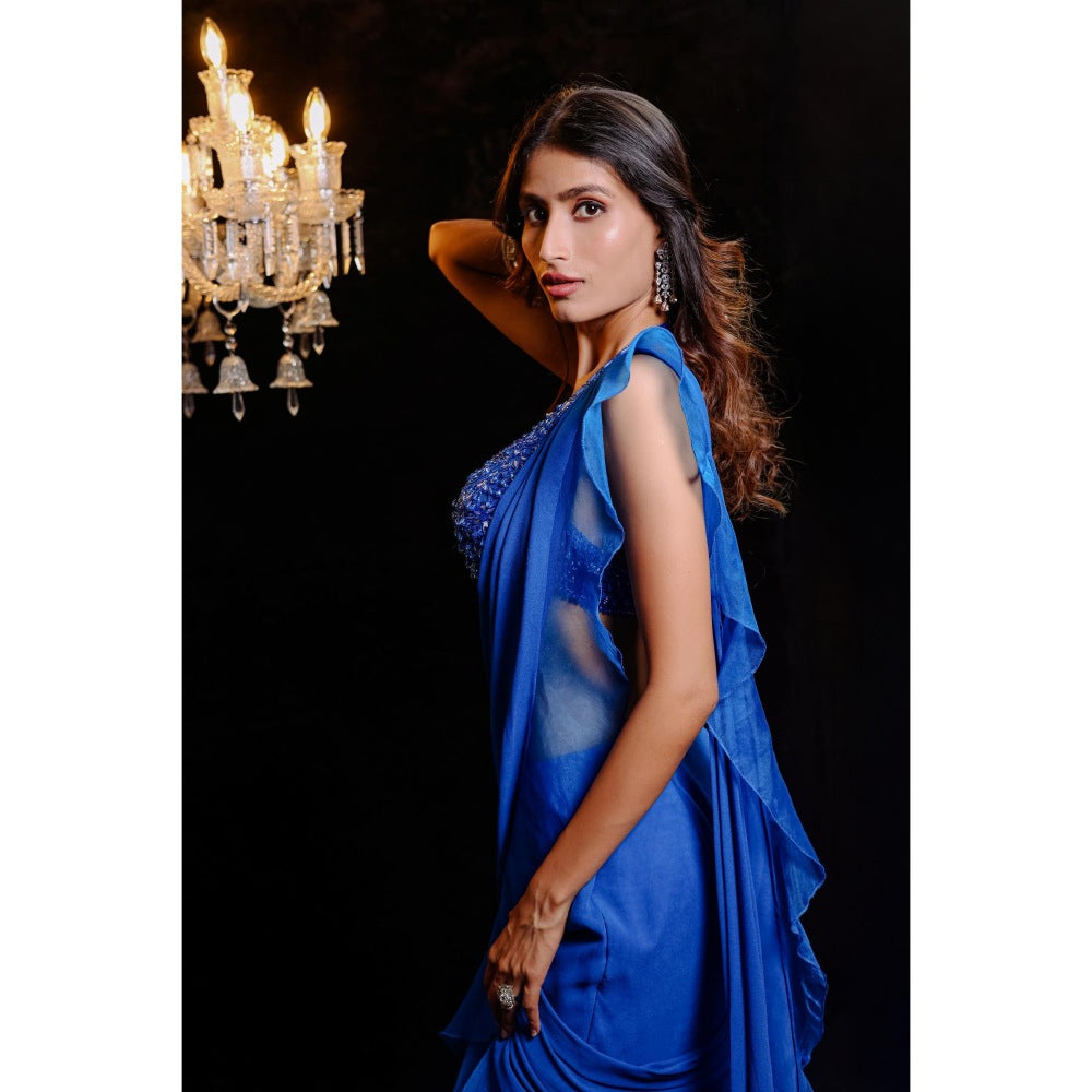 FORAM PATEL Electric Blue Solid Ruffle Pre-Draped Saree with Embroidered Stitched Blouse