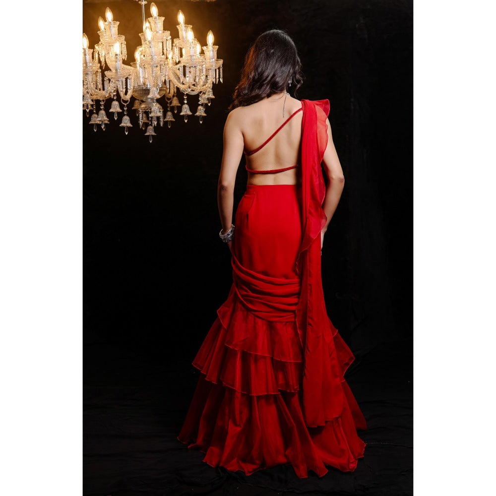FORAM PATEL Red Solid Ruffle Pre-Drape Saree with Embroidered Stitched Blouse