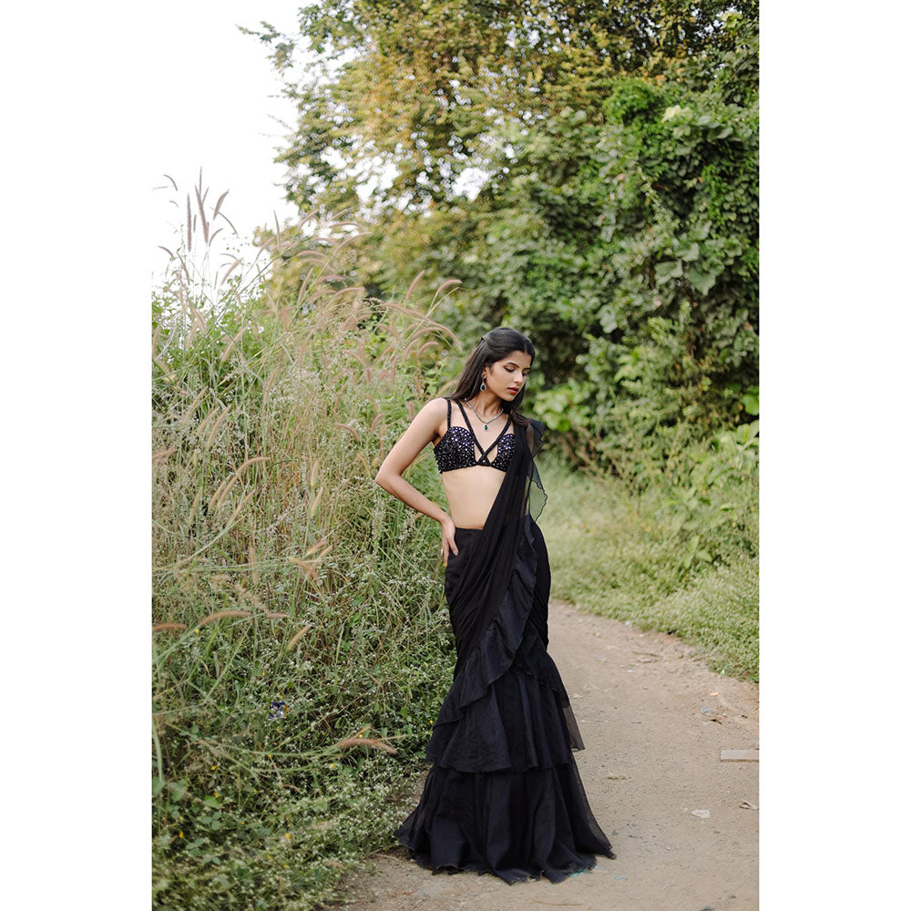 FORAM PATEL Black Solid Ruffle Pre-Draped Saree with Embroidered Stitched Blouse