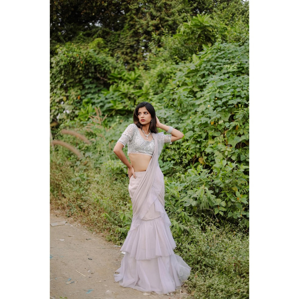 FORAM PATEL Grey Solid Ruffle Pre-Draped Saree with Embroidered Stitched Blouse