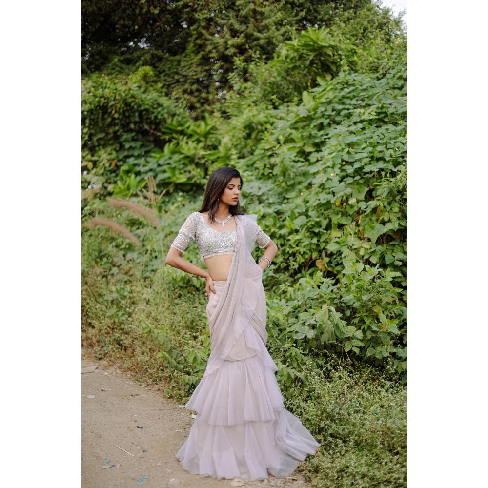 FORAM PATEL Grey Solid Ruffle Pre-Draped Saree with Embroidered Stitched Blouse