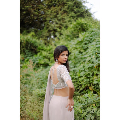 FORAM PATEL Grey Solid Ruffle Pre-Draped Saree with Embroidered Stitched Blouse