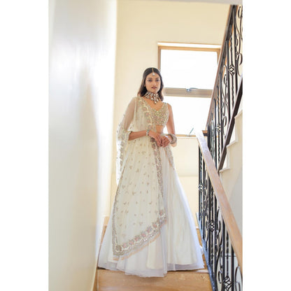 FORAM PATEL Cream Mirror Embroidered Organza Lehenga with Blouse and Dupatta (Set of 3)