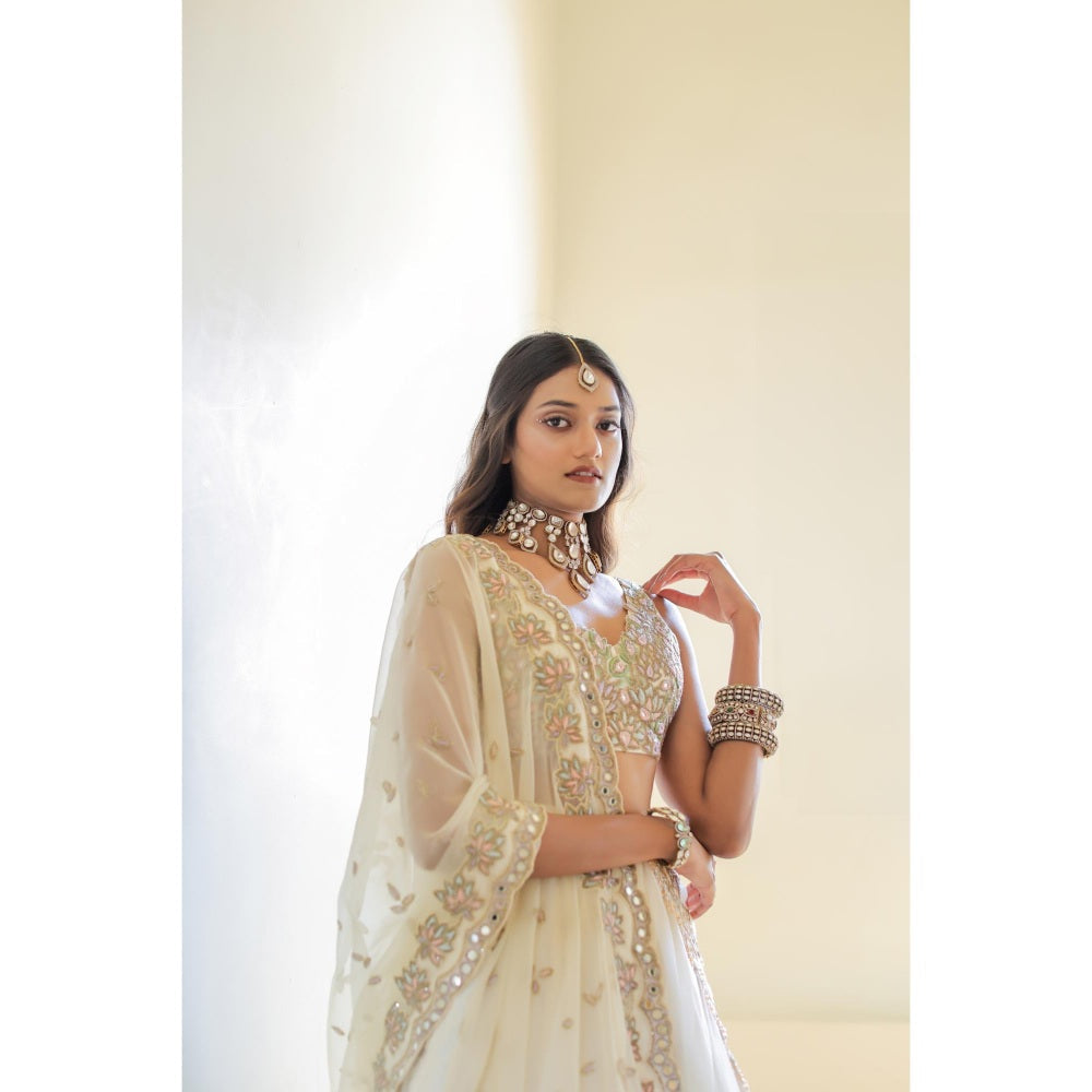 FORAM PATEL Cream Mirror Embroidered Organza Lehenga with Blouse and Dupatta (Set of 3)