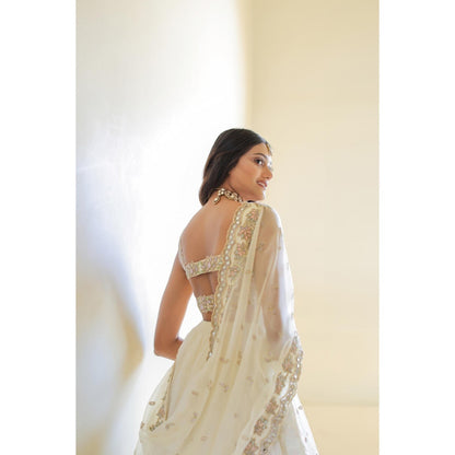 FORAM PATEL Cream Mirror Embroidered Organza Lehenga with Blouse and Dupatta (Set of 3)