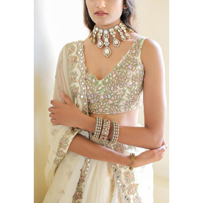 FORAM PATEL Cream Mirror Embroidered Organza Lehenga with Blouse and Dupatta (Set of 3)