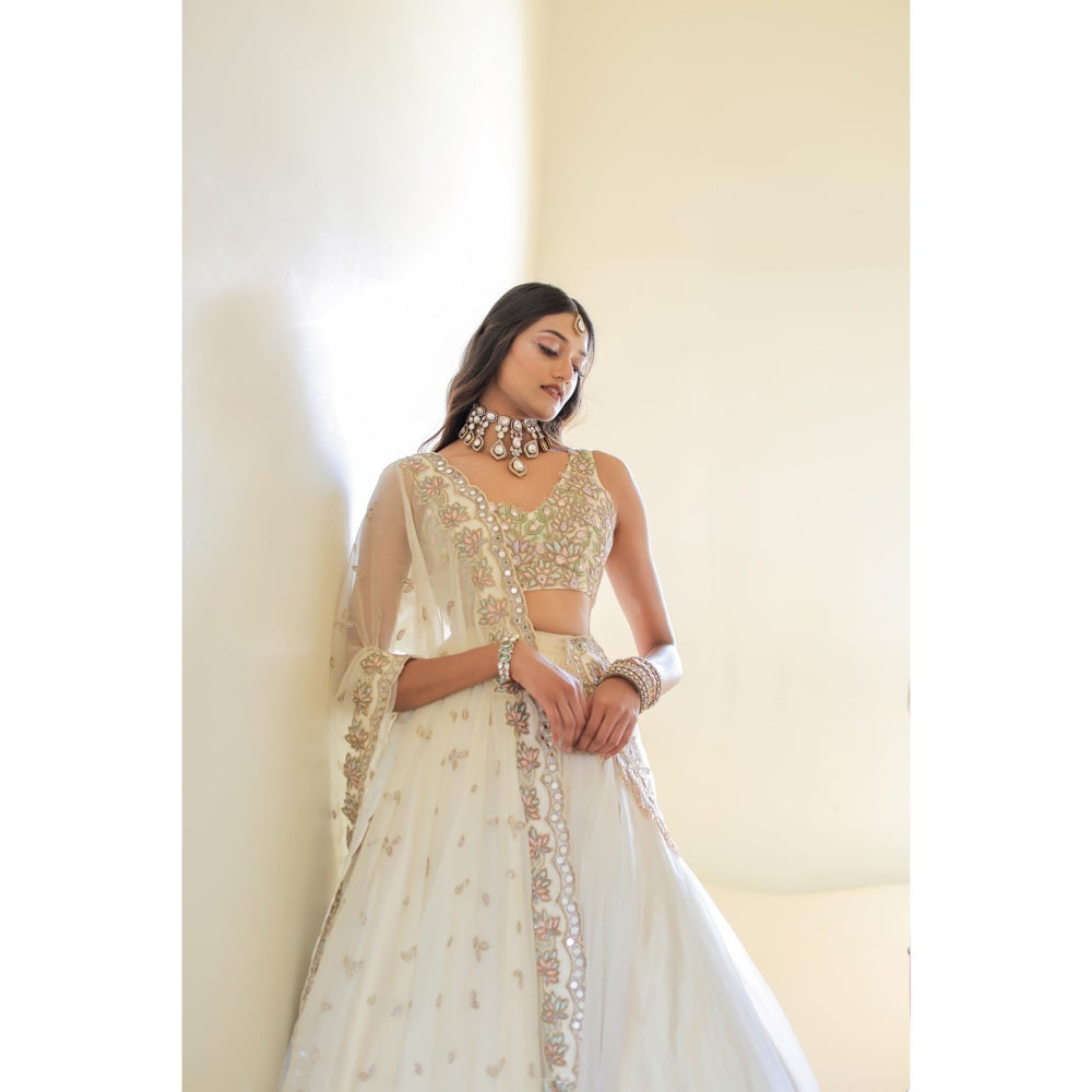 FORAM PATEL Cream Mirror Embroidered Organza Lehenga with Blouse and Dupatta (Set of 3)
