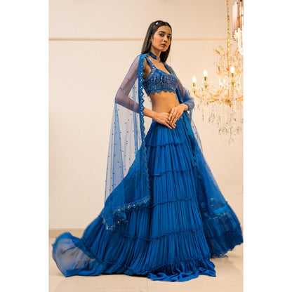 FORAM PATEL Blue Tiered Mirror Work Lehenga with Blouse and Dupatta (Set of 3)