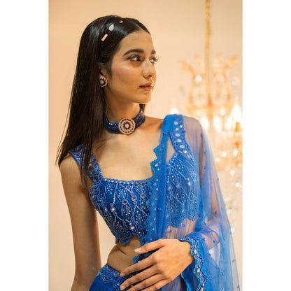 FORAM PATEL Blue Tiered Mirror Work Lehenga with Blouse and Dupatta (Set of 3)