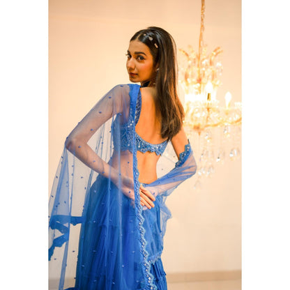 FORAM PATEL Blue Tiered Mirror Work Lehenga with Blouse and Dupatta (Set of 3)