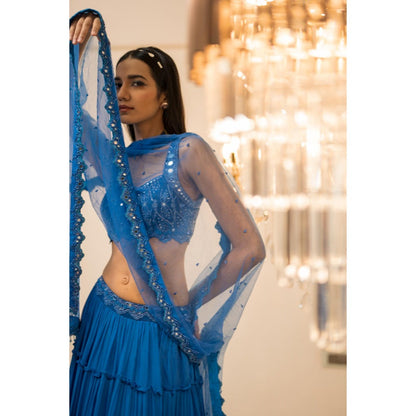 FORAM PATEL Blue Tiered Mirror Work Lehenga with Blouse and Dupatta (Set of 3)