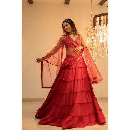 FORAM PATEL Red Tiered Mirror Work Embroidered Lehenga with Blouse and Dupatta (Set of 3)