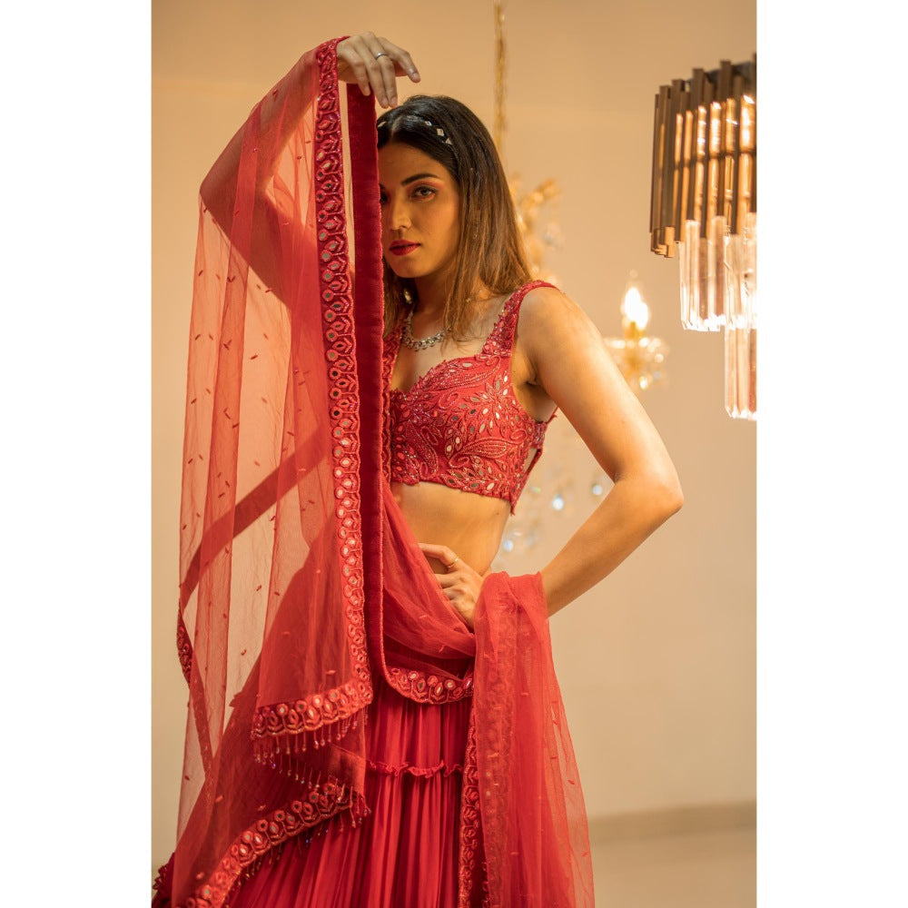 FORAM PATEL Red Tiered Mirror Work Embroidered Lehenga with Blouse and Dupatta (Set of 3)