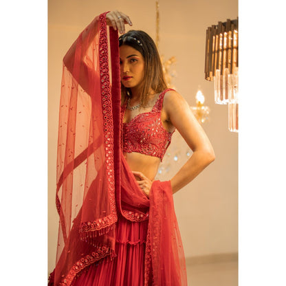 FORAM PATEL Red Tiered Mirror Work Embroidered Lehenga with Blouse and Dupatta (Set of 3)