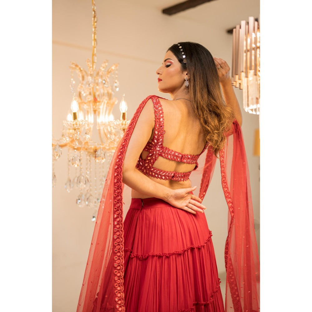 FORAM PATEL Red Tiered Mirror Work Embroidered Lehenga with Blouse and Dupatta (Set of 3)