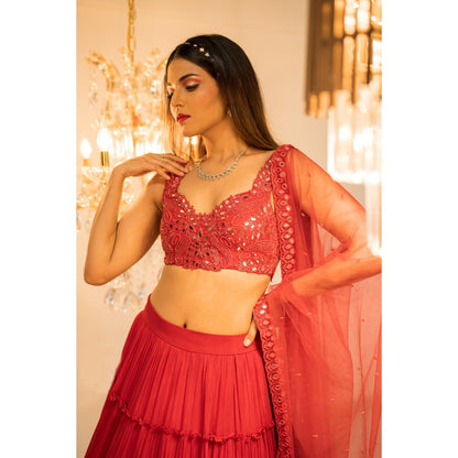 FORAM PATEL Red Tiered Mirror Work Embroidered Lehenga with Blouse and Dupatta (Set of 3)