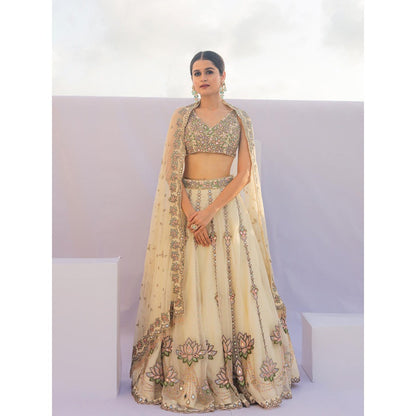 FORAM PATEL Cream Mirror Embroidered Organza Lehenga with Blouse and Dupatta (Set of 3)