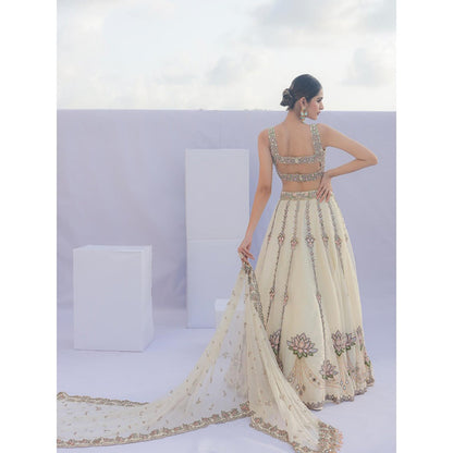 FORAM PATEL Cream Mirror Embroidered Organza Lehenga with Blouse and Dupatta (Set of 3)