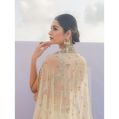 FORAM PATEL Cream Mirror Embroidered Organza Lehenga with Blouse and Dupatta (Set of 3)