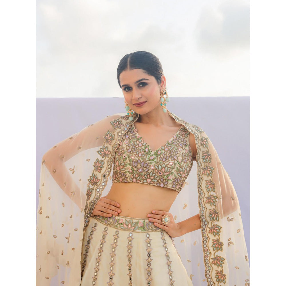 FORAM PATEL Cream Mirror Embroidered Organza Lehenga with Blouse and Dupatta (Set of 3)