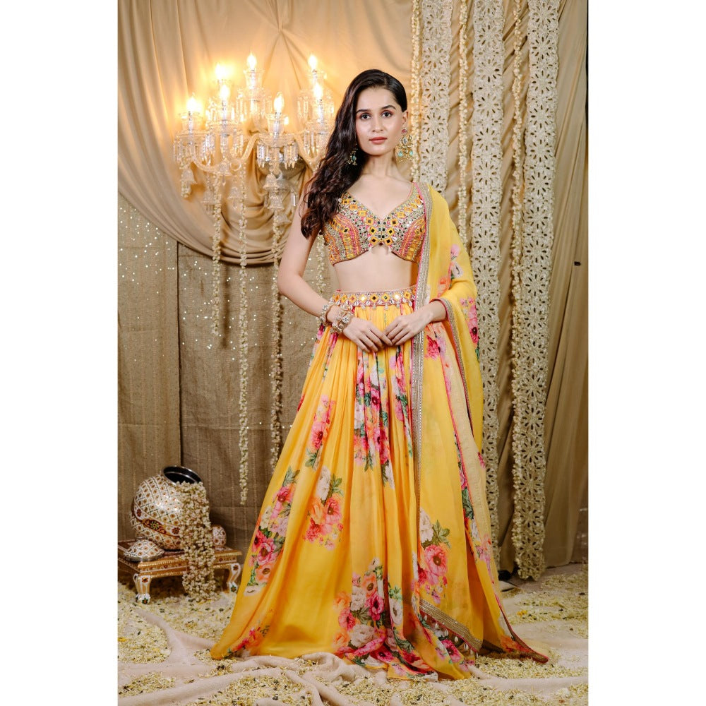 FORAM PATEL Yellow Floral Printed Lehenga with Embroidered Blouse and Dupatta (Set of 3)