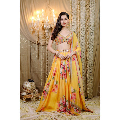 FORAM PATEL Yellow Floral Printed Lehenga with Embroidered Blouse and Dupatta (Set of 3)
