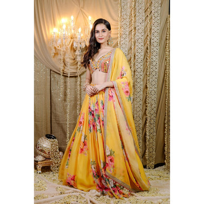 FORAM PATEL Yellow Floral Printed Lehenga with Embroidered Blouse and Dupatta (Set of 3)