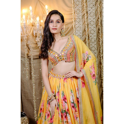 FORAM PATEL Yellow Floral Printed Lehenga with Embroidered Blouse and Dupatta (Set of 3)