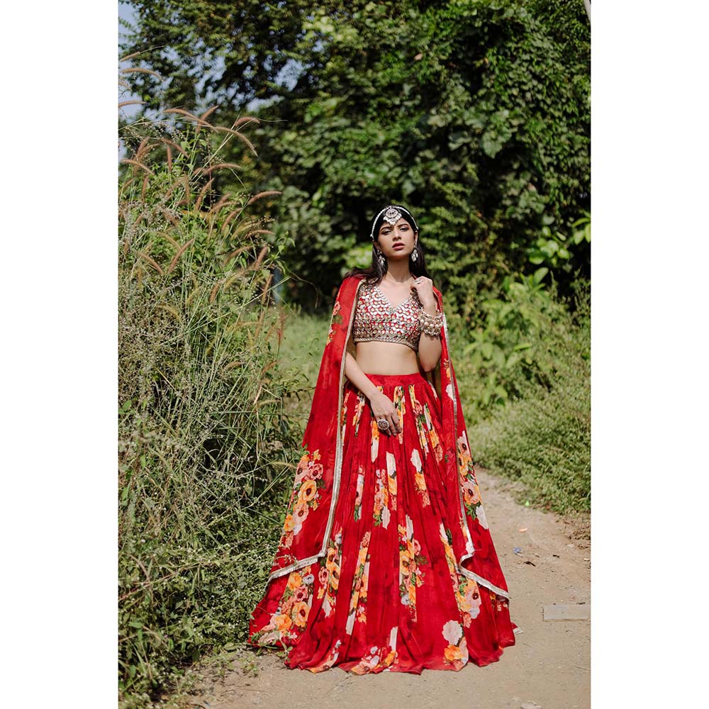 FORAM PATEL Red Floral Printed Lehenga with Embroidered Blouse and Dupatta (Set of 3)