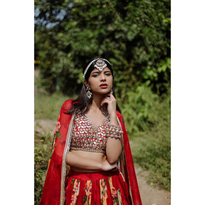 FORAM PATEL Red Floral Printed Lehenga with Embroidered Blouse and Dupatta (Set of 3)