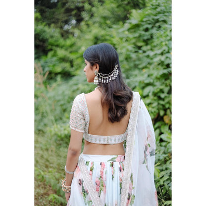 FORAM PATEL Sky Blue Floral Printed Lehenga with Embroidered Blouse and Dupatta (Set of 3)