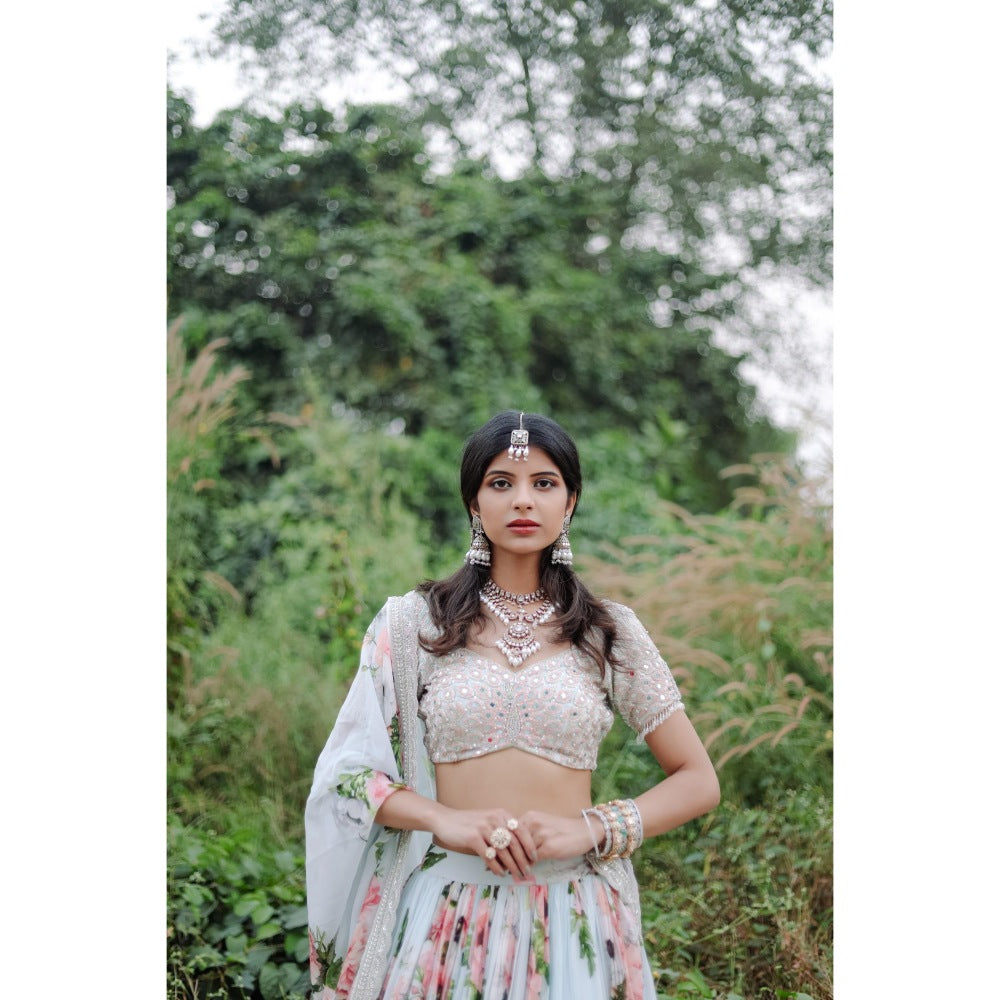 FORAM PATEL Sky Blue Floral Printed Lehenga with Embroidered Blouse and Dupatta (Set of 3)
