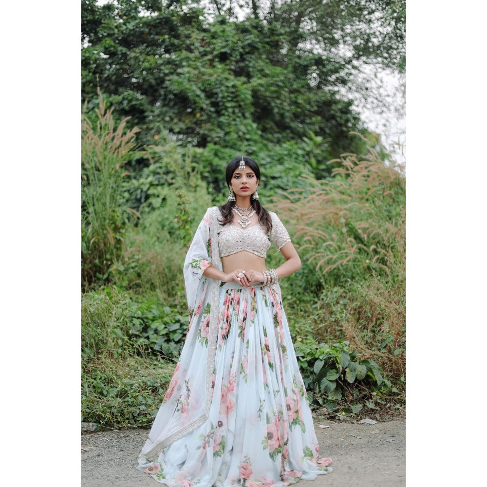 FORAM PATEL Sky Blue Floral Printed Lehenga with Embroidered Blouse and Dupatta (Set of 3)