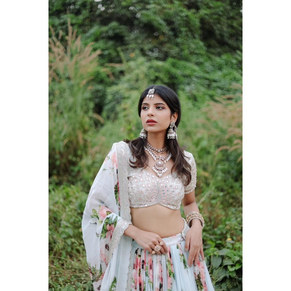 FORAM PATEL Sky Blue Floral Printed Lehenga with Embroidered Blouse and Dupatta (Set of 3)