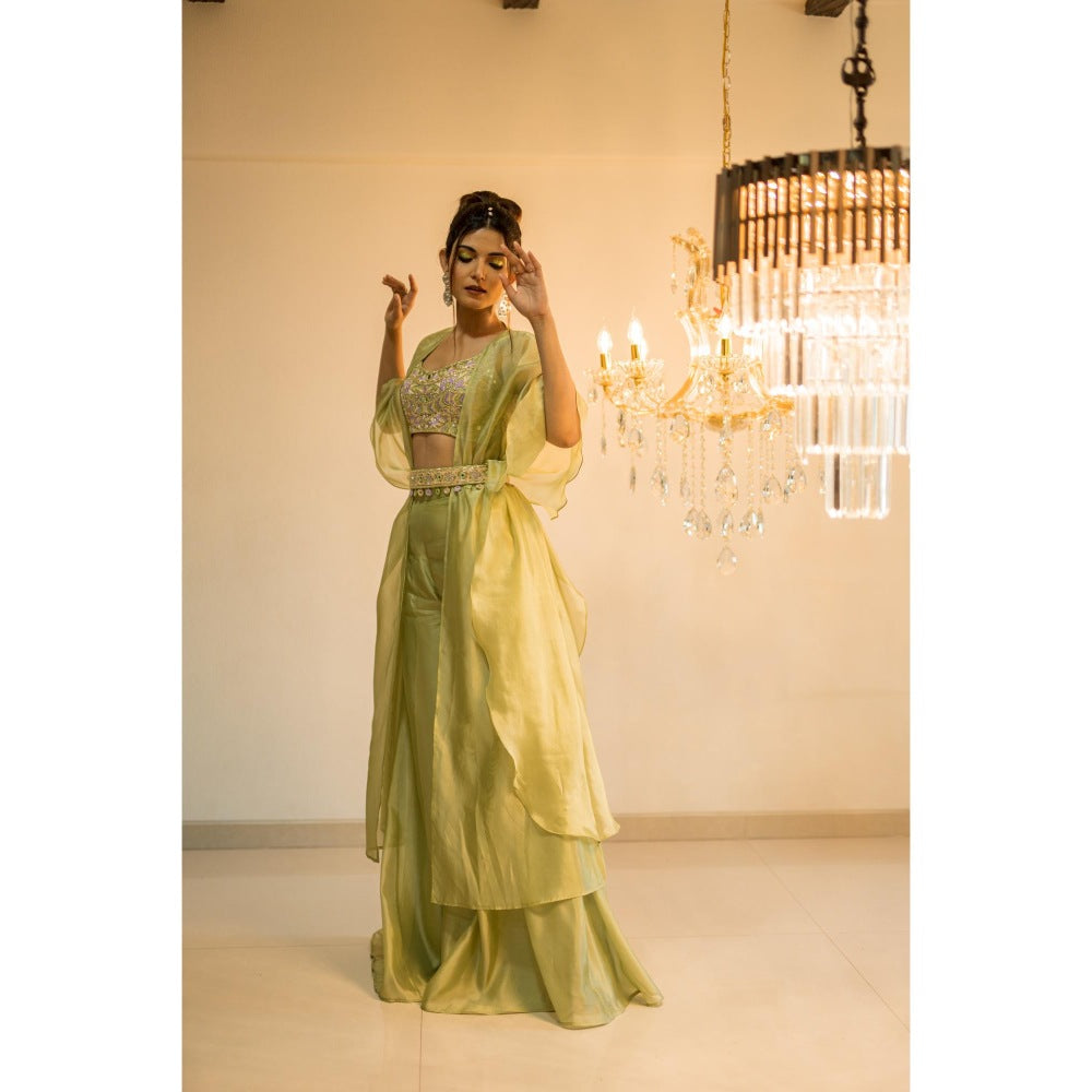 FORAM PATEL Green Embroidered Blouse Palazzo with Cape and Belt (Set of 3)